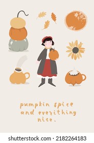 Autumn bundle of cute and cozy design elements. Set of fall leaves, sunflower, cute girl, pumpkin pie and tea cup. Colored cartoon flat vector illustration isolated on white background. 