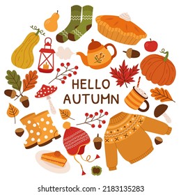 Autumn bundle of cute and cozy design elements. Set of  pumpkins, sweater, socks, knit cap, cacao, mushrooms, leaves and acorns. Colored flat vector illustration isolated on white background.