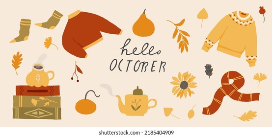 Autumn bundle of cute and cozy design elements. Set of fall leaves, foliage, pumpkins, sweater, socks, books and tea cup. Colored flat vector illustration collection isolated on white background