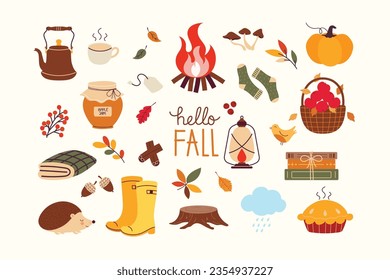 Autumn bundle of cute and cozy design elements. Set contains fall leaves, pumpkin, kettle, rubber boots, rainy cloud, hedgehog, books, pie, basket full of apples, jam jar, cozy socks, tea bag, bonfire