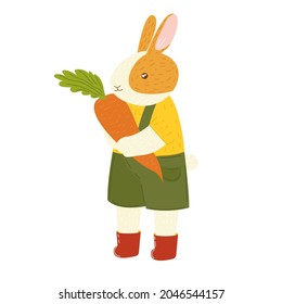 autumn bunny boy with carrot. cute cartoon hare rabbit with autumn leaves. hand drawn forest animal. rabbit in the garden, harvest. stock vector illustration isolated on white background.