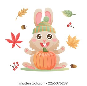 Autumn bunny character. Cute cartoon rabbit sitting in autumn forest. Autumn leaves, pumpkin, acorns.