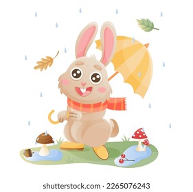 Autumn bunny character. Cute cartoon rabbit walking in autumn forest. Umbrella, autumn leaves, acorns, fly agaric