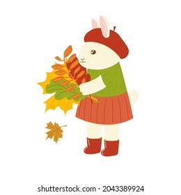 autumn bunny. cute cartoon hare rabbit with autumn leaves. hand drawn forest animal. rabbit in the garden, harvest. stock vector illustration isolated on white background.