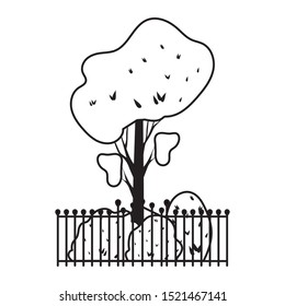 autumn bush plants in pots and fence seasonal scene vector illustration design
