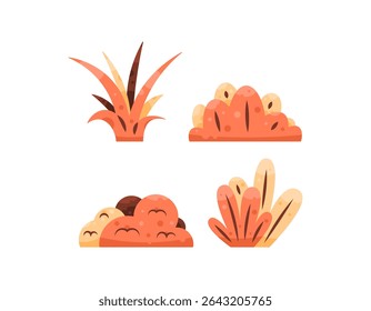 arbustos de outono ou coleção de ilustrações de grama. arbustos com cor laranja ou marrom. plantas ou vegetação. design de estilo plano. conjunto de elementos de ativo. adesivo.