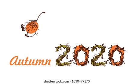 Autumn business card. Autumn 2020 logo. Flying maple leaf