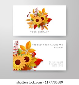 Autumn business cards with colorful leaves and sunflowers. Paper art