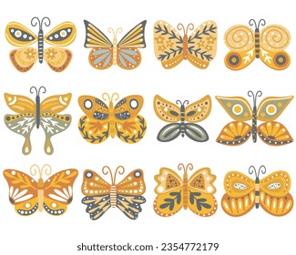 Autumn butterfly hand drawn set. Cute fall moths collection. Colorful orange butterflies with decorated herbs wings, isolated vector illustration