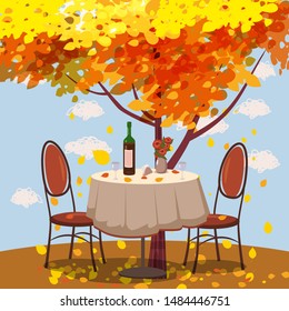 Autumn cafe table with wine for two persons autumn branches of falling leaves foliage, chairs flowers in park romantic mood. Isolated illustration vector