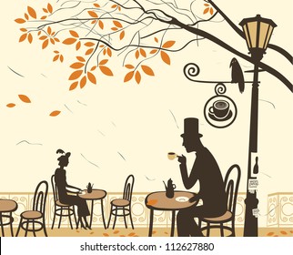 Autumn cafes and romantic relationship between man and woman