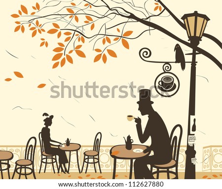 Autumn cafes and romantic relationship between man and woman