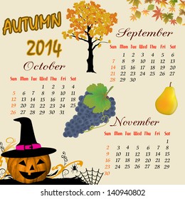 Autumn calendar for 2014, vector illustration