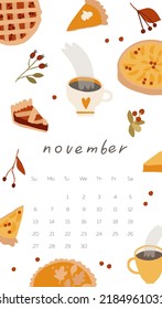 Autumn calendar 2023 November month. Vertical design template. Fall cozy elements: pumpkin pie, cup of tea, herbs, leaves and berries. Autumnal mood pattern. Vector illustration in flat cartoon style