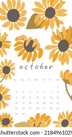 Autumn calendar 2023 for October template. Vertical design. One month. Fall nature elements: sunflower leaf, leaves, autumnal flowers. Autumn pattern. Vector illustration in flat cartoon style
