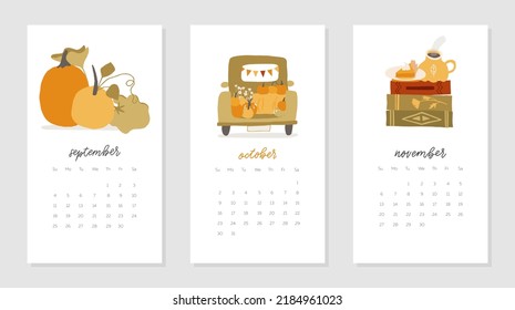 Autumn calendar 2023, September, October, November month. Vertical design template. Fall cozy elements: pumpkins, harvest truck, books, cup. Autumnal mood. Vector illustration in flat cartoon style