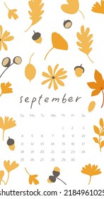 Autumn calendar 2023 for September. Vertical design template. One month. Fall nature elements: oak leaf, leaves, acorns, flowers. Autumnal pattern. Vector illustration in flat cartoon style