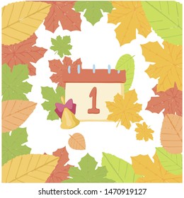 Autumn calendar by September. Yellow leaves on a white background with a bell. Back to school. Vector illustration