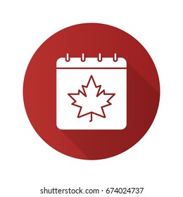 Autumn calendar flat design long shadow glyph icon. Calendar page with maple leaf. Vector silhouette illustration