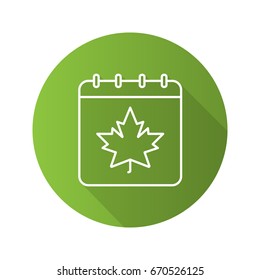 Autumn calendar flat linear long shadow icon. Calendar page with maple leaf. Vector outline symbol