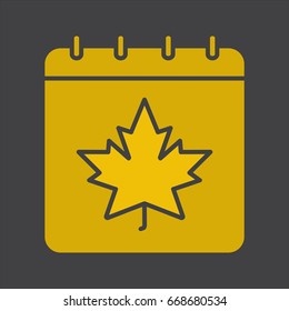 Autumn calendar glyph color icon. Calendar page with maple leaf. Silhouette symbol on black background. Negative space. Vector illustration