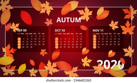 Autumn calendar with leaf on red background. Week starts on Sunday. Printable calendar for year 2020 for organization and business. Simple and clean design. Vector illustration template