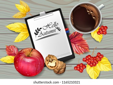 Autumn calendar page and cup of coffee Vector realistic. Apple, walnuts, fall leaves. Detailed 3d designs, top view