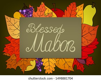 autumn calligraphic greeting card with fruit and leaves - Blessed Mabon