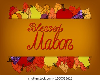 autumn calligraphic greeting card with fruit and leaves - Blessed Mabon