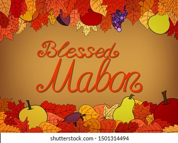 autumn calligraphic greeting card with fruit and leaves - Blessed Mabon