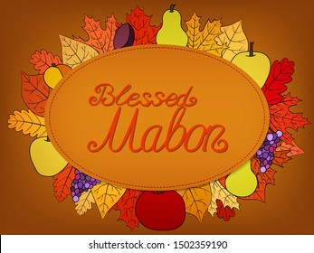 autumn calligraphic greeting card with fruit and leaves - Blessed Mabon