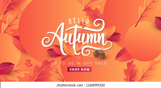 Autumn calligraphy background layout decorate with leaves for shopping or promo poster and frame leaflet or web banner.Vector illustration template. Autumn calligraphy background layout decorate with leaves for shopping or promo poster and frame leaflet or web banner.Vector illustration template.