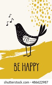Autumn calligraphy card with bird. Be happy autumn calligraphic text. Vector abstract design. Colored poster or card designed for  any kind of print media. Gold color. 