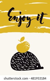 Autumn calligraphy card with hedgehog. Enjoy it calligraphic text. Vector abstract design. Colored poster or card designed for  any kind of print media. Gold color. 