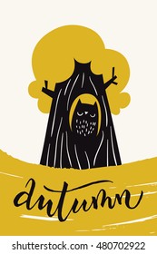Autumn calligraphy card with tree and owl. Autumn calligraphic text. Vector abstract design. Colored poster or card designed for  any kind of print media. Gold color. 