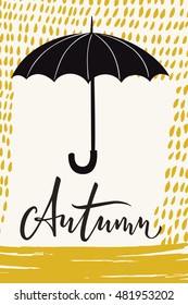 Autumn calligraphy card with umbrella. Autumn calligraphic text. Vector abstract design. Colored poster or card designed for  any kind of print media. Gold color. 