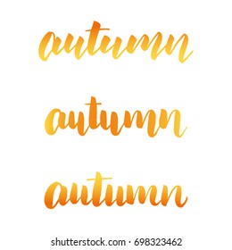 Autumn calligraphy collection. Autumn lettering. Trendy gold colored hand lettering for Autumn promo, marketing, sales, advertisements.