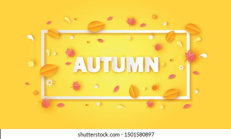 Autumn calligraphy decoration in rectangle frame with colorful leaves and celebration firework in Autumn season. Autumn typography design. paper cut and craft style. vector, illustration.