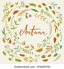 Autumn calligraphy with flowers and leaves. Autumn card. Hand drawn elements. 