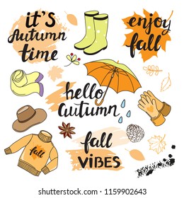 autumn calligraphy lettering with autumn items on a white background