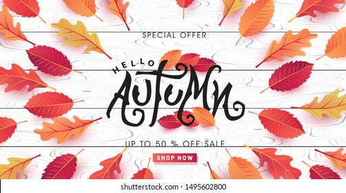 Autumn calligraphy on white wood. Seasonal lettering.autumn sale  banner background.vector illustration