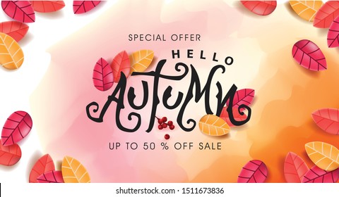 Autumn calligraphy on white wood. Seasonal lettering.autumn sale  banner background.vector illustration