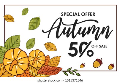 Autumn calligraphy, Pumpkins, oak seeds and leaves in the background isolate, the creative concept of autumn celebrations, with modern flat design style. Suitable in use for Web banner templates.