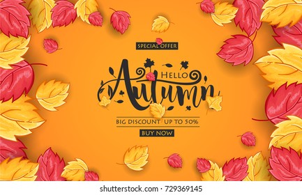 Autumn calligraphy. Seasonal lettering for web banner template, Postcard and Invitation Card. Vector illustration