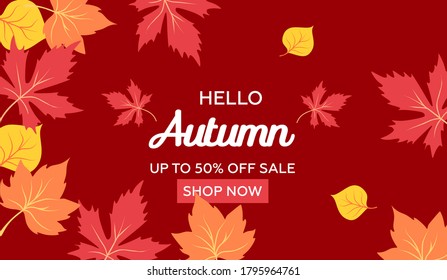 Autumn calligraphy. Seasonal letters. Web banner template. Autumn sale background with falling autumn leaves. Vector illustration