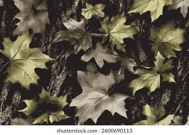 Autumn Camouflage Pattern – Realistic Maple Leaves and Tree Bark Texture Background.