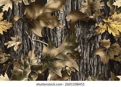 Autumn Camouflage Pattern – Realistic Maple Leaves and Tree Bark Texture Background.
