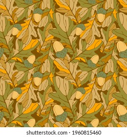 Autumn camouflage seamless pattern.  Brown, yellow, orange color silhouettes of oak leaves, acorns. Contemporary hand drawn sketch style design, background color is editable, vector