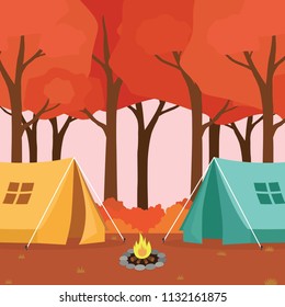 Autumn Camp with Blue and Yellow Tent