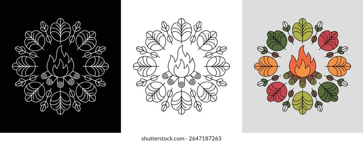 Autumn campfire mandala with logs, leaves, and bright cozy hues, ideal for seasonal decor.